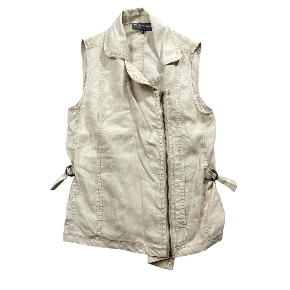 Michael Stars Small Vest Sleeveless‎ Beige 100% Linen Full Zip